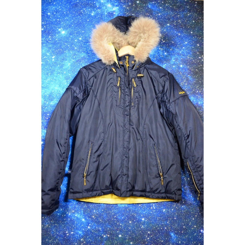Baby Phat Jacket Womens Large Blue Hooded Down Puffer Coat Coyote Fur Trim‎ Warm